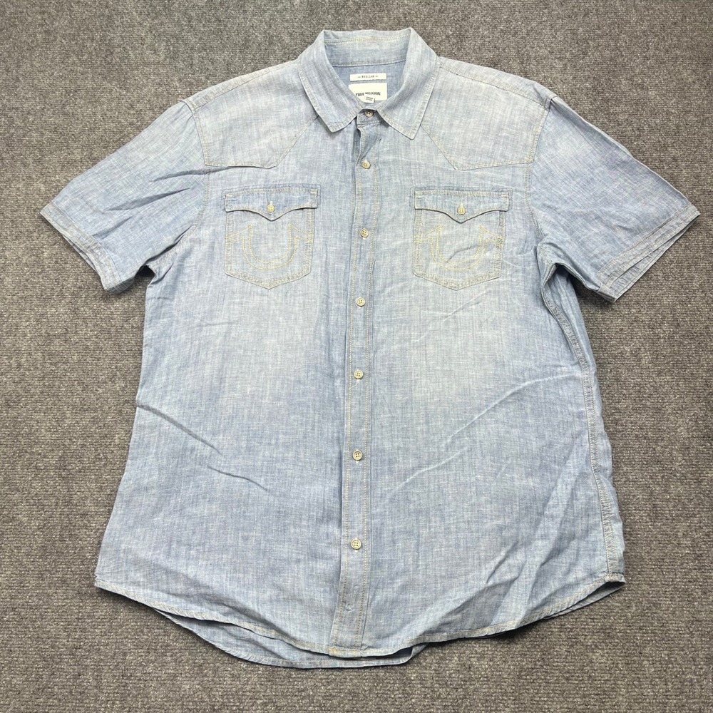 True Religion Men 2XL Blue Linen/Cotton Western Short Sleeve Denim Button Shirt